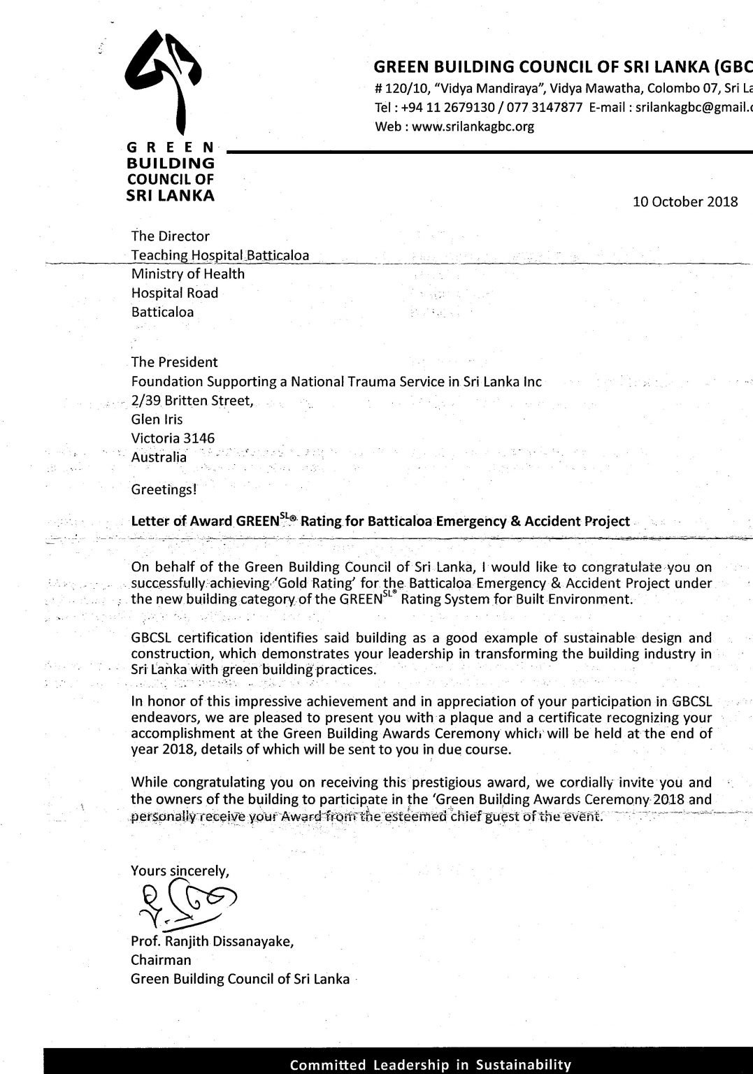 Letter of Award Green Rating for Batticaloa Accident & Emergency ...